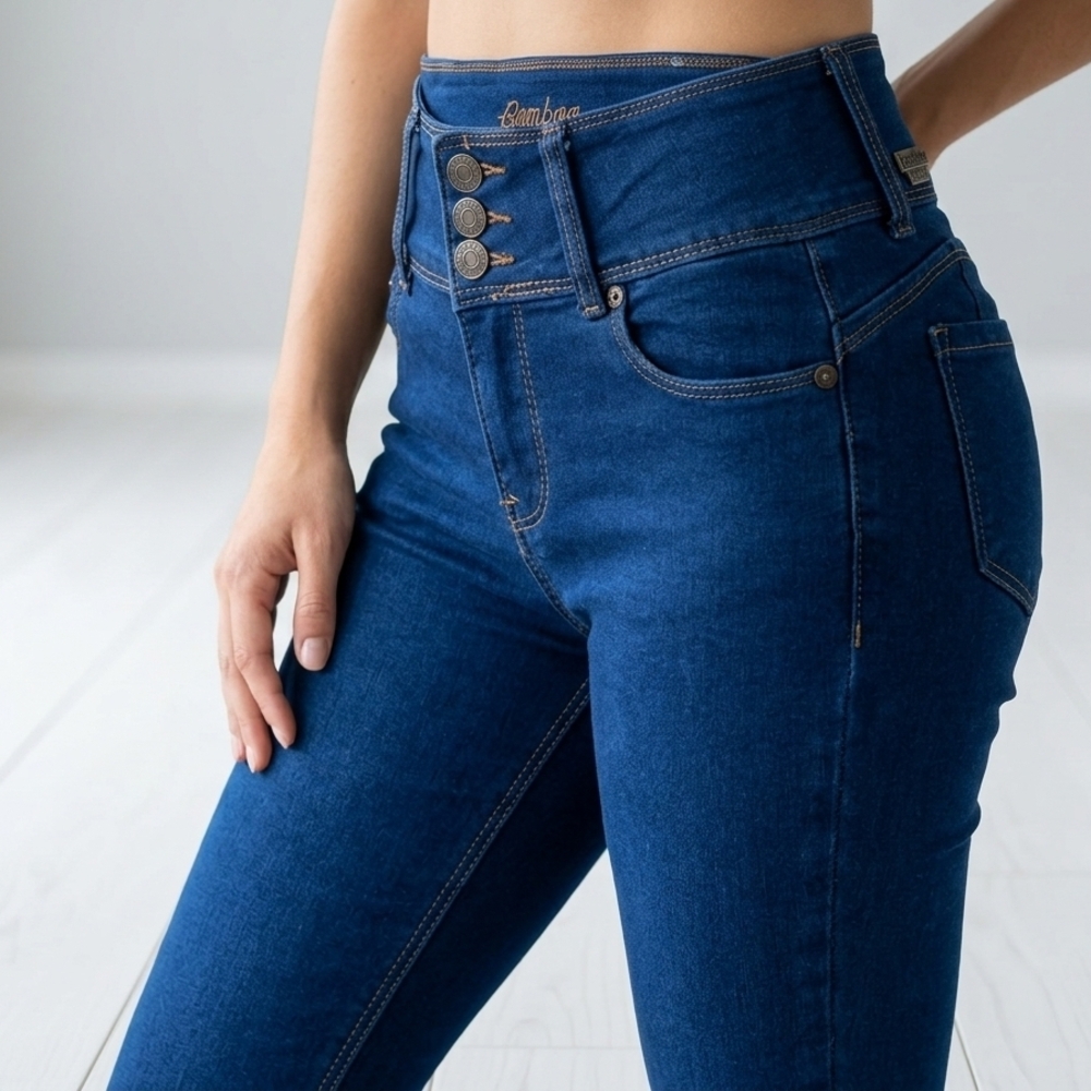 High-Rise Indigo Stretch Jeans with Triple-Button Waist